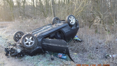 Der verunfallte Pkw Peugeot, der von der Bundesstraße 65 schleuderte und gegen einen Baum prallte. (Foto: privat)