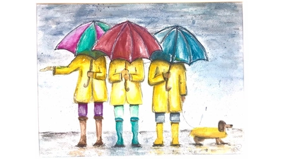 Petra Rülling interpretiert das Thema „Wasser“ ganz herbstlich mit Regenschirm, Gummistiefeln und Friesennerz.