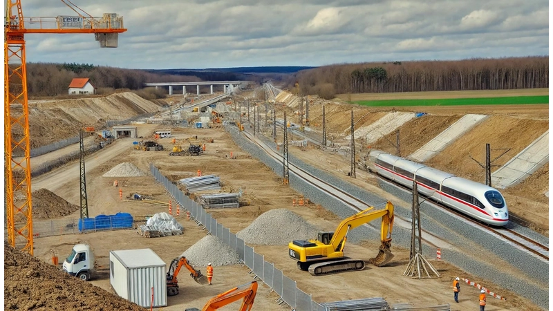 So könnte es schon in ein paar Jahren im Landkreis aussehen, sobald der eigentliche Ausbau der Strecke beginnt. Der Streckenkorridor wird große Teile der Landschaft und Bestandsbebauung wegnehmen. (Foto: KI - DALL.E)