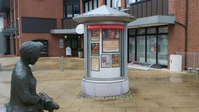 Wehmütig schaut die Ziegenhirtin auf die Litfaßsäule. Im Hintergrund liegt eine defekte Scheibenabdeckung. (Foto: gk)