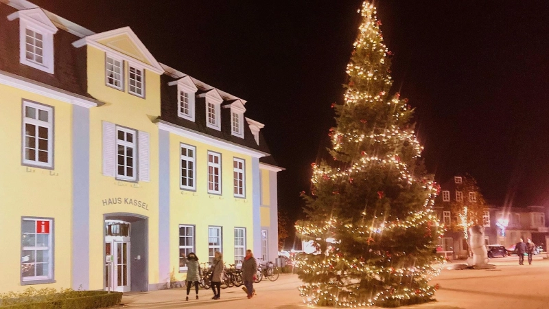 Weithin sichtbar: Der Weihnachtsbaum vor dem Haus Kassel. (Foto: gk)